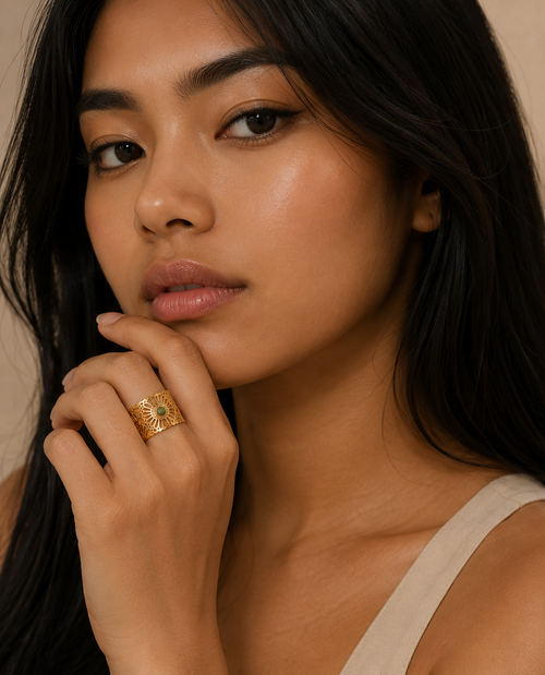 Bague Fleur Dorée Pierre Naturelle Ajustable en Acier Inoxydable