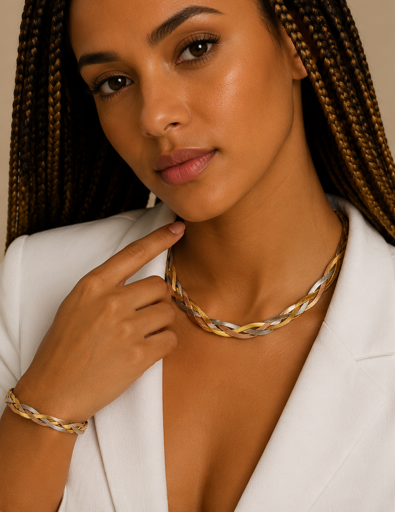 Ensemble Collier Bracelet Tressé Or 18K Acier Inoxydable 304