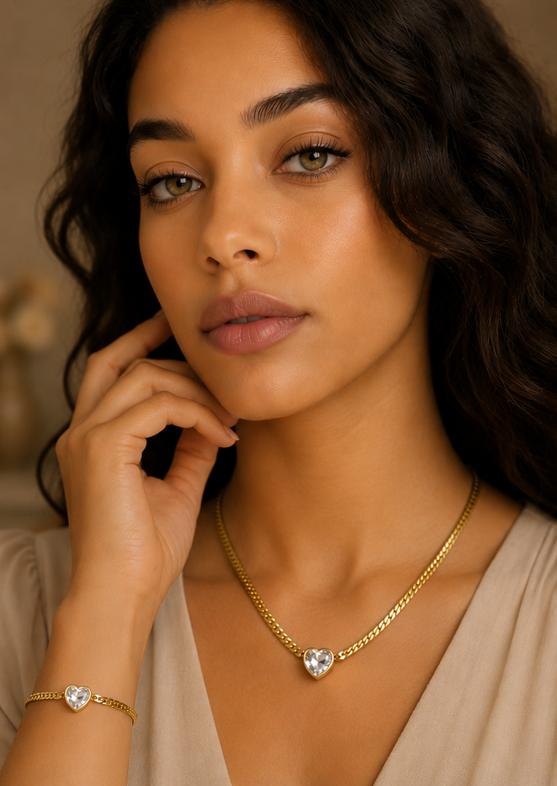Parure Cœur Dorée avec Zircon – Collier & Bracelet Acier Inoxydable