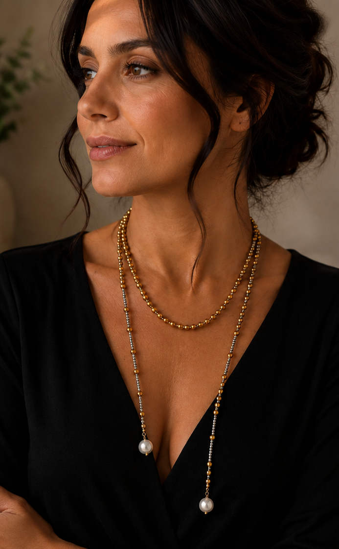 Collier Long Perles Dorées Femme – Bijou Élégant & Raffinement Intemporel