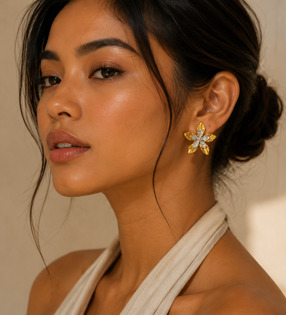 Boucles d’Oreilles Fleur Bicolores Or 18 Carats | Acier Inoxydable 304