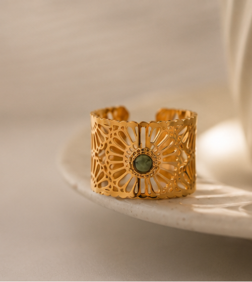 Bague Fleur Dorée Pierre Naturelle Ajustable en Acier Inoxydable