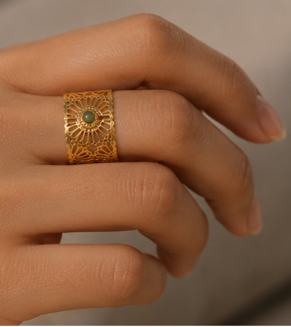 Bague Fleur Dorée Pierre Naturelle Ajustable en Acier Inoxydable