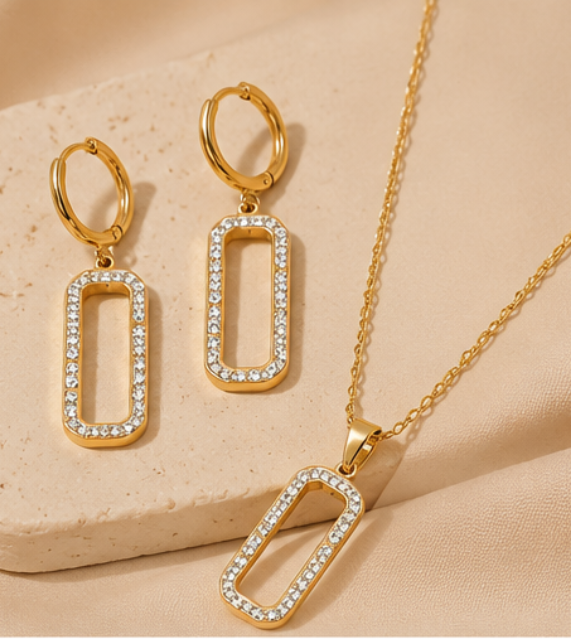 Parure Bijoux Dorée 18K Femme | Collier & Boucles d’Oreilles Acier Inoxydable