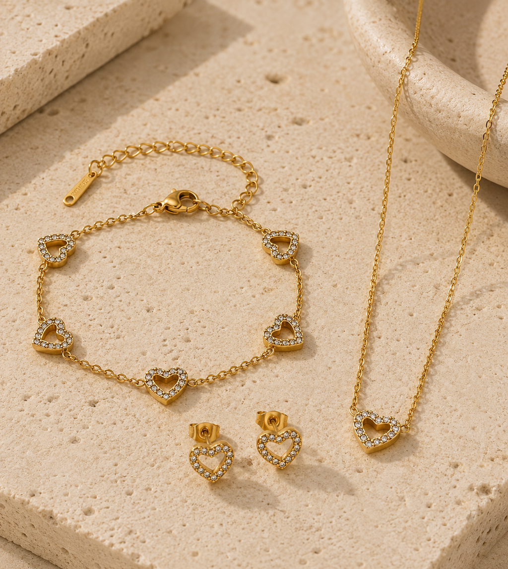 Parure Cœur Dorée Femme – Collier Bracelet Boucles d’Oreilles avec Strass