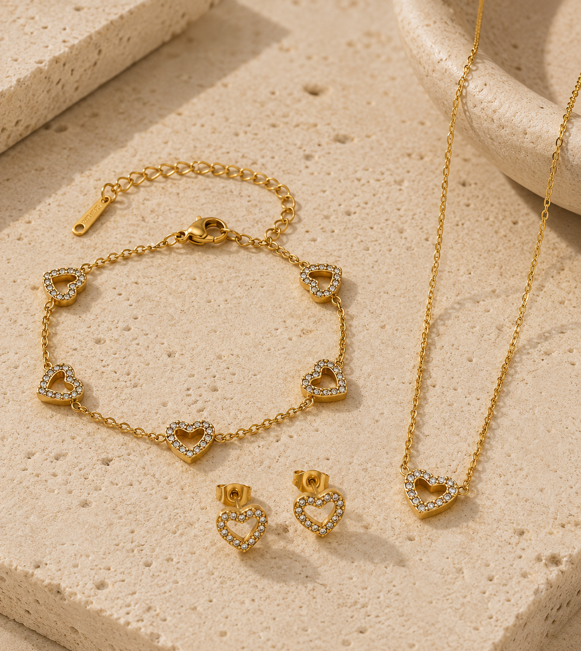 Parure Cœur Dorée Femme – Collier Bracelet Boucles d’Oreilles avec Strass