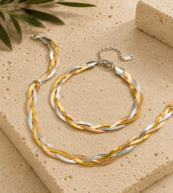 Ensemble Collier Bracelet Tressé Or 18K Acier Inoxydable 304