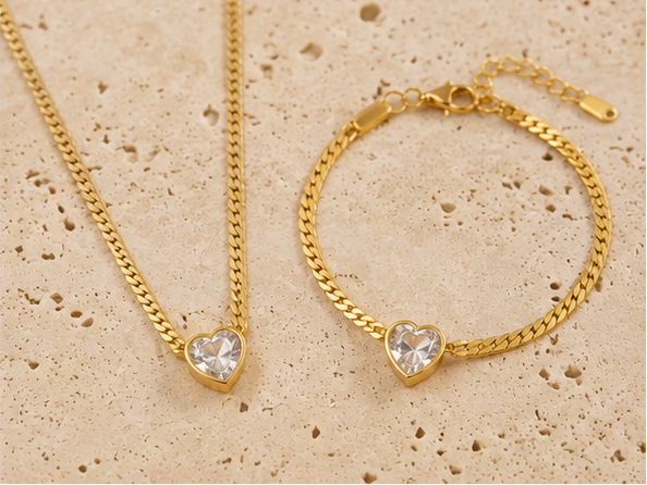Parure Cœur Dorée avec Zircon – Collier & Bracelet Acier Inoxydable