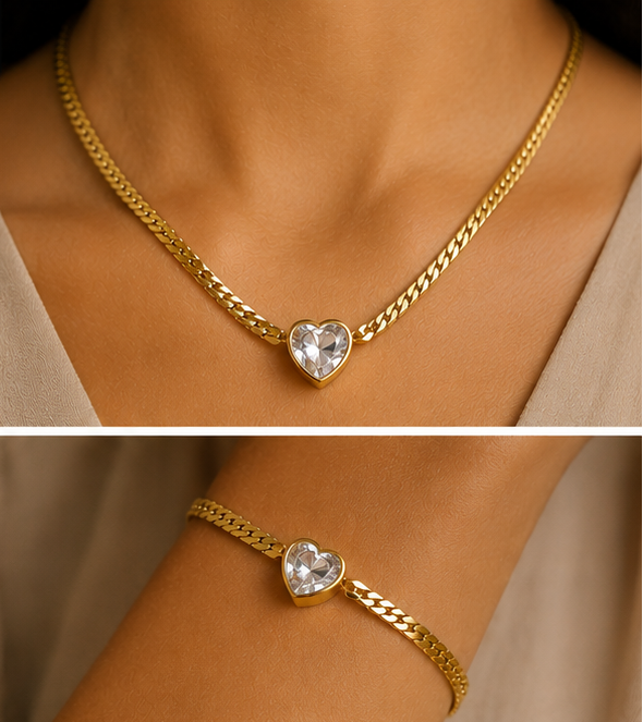 Parure Cœur Dorée avec Zircon – Collier & Bracelet Acier Inoxydable