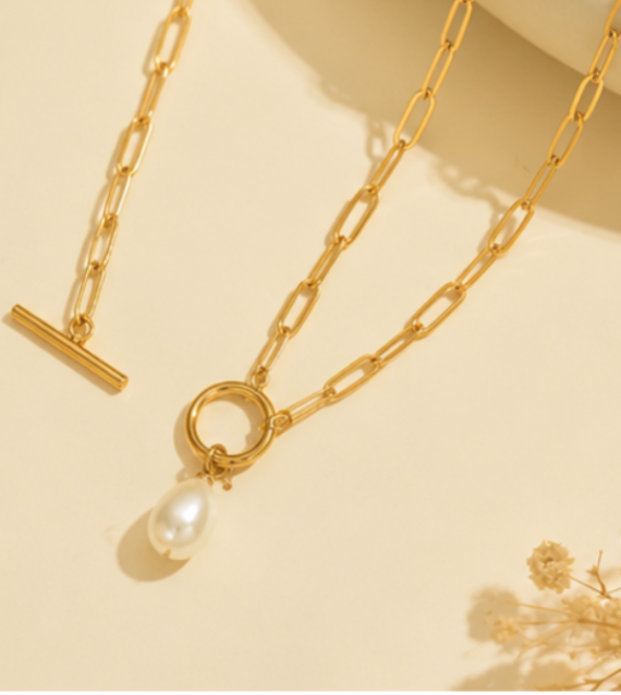 Collier Perle Doré Femme – Acier Inoxydable Plaqué Or 14 Carats