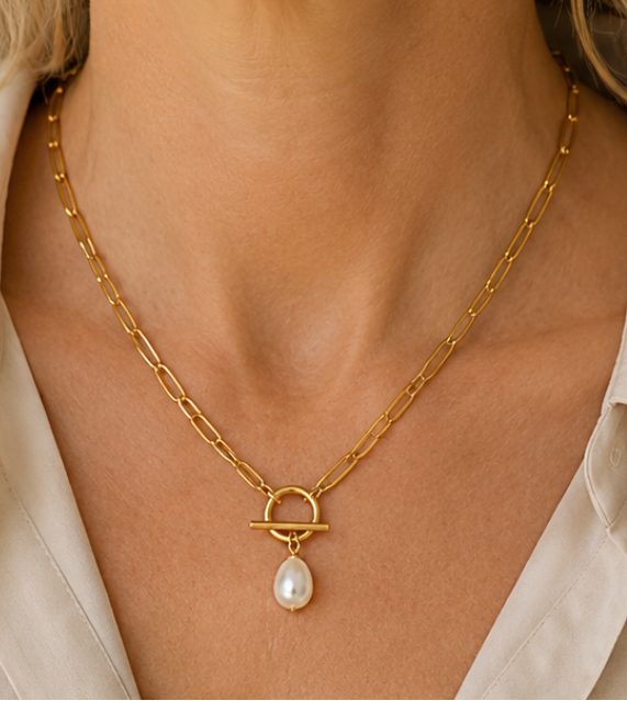 Collier Perle Doré Femme – Acier Inoxydable Plaqué Or 14 Carats