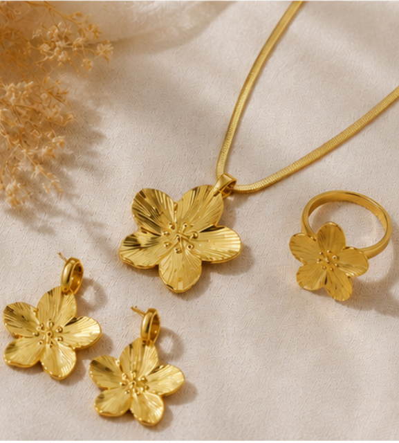 Parure Fleur Dorée Femme – Collier, Bague & Boucles d’Oreilles