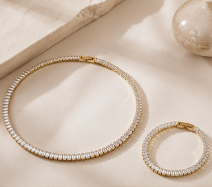 Parure Tennis Dorée Femme – Collier & Bracelet Zircon 18K