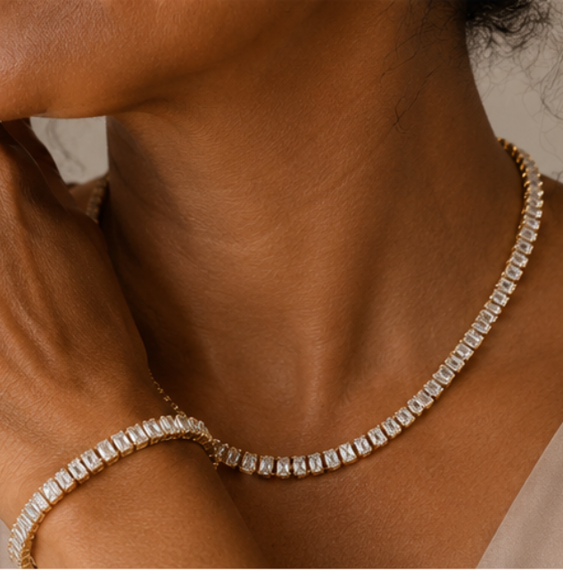 Parure Tennis Dorée Femme – Collier & Bracelet Zircon 18K