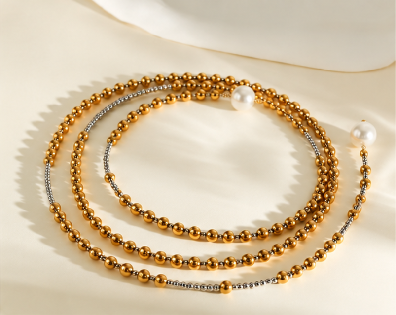 Collier Long Perlé Doré 114 cm – Acier Inoxydable Plaqué Or 18K