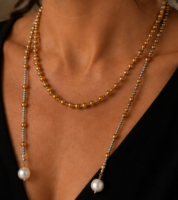 Collier Long Perlé Doré 114 cm – Acier Inoxydable Plaqué Or 18K