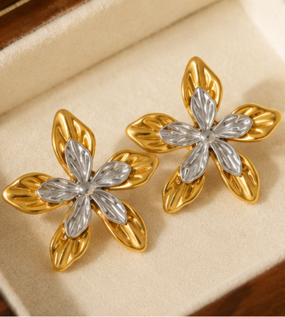 Boucles d’Oreilles Fleur Bicolores Or 18 Carats | Acier Inoxydable 304