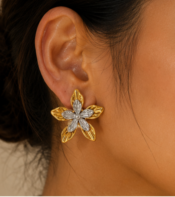 Boucles d’Oreilles Fleur Bicolores Or 18 Carats | Acier Inoxydable 304